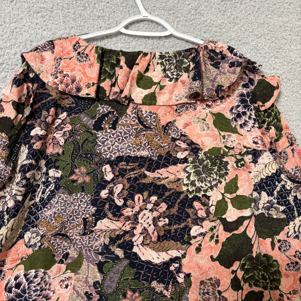 Work Casual Floral Button Front Blouse Cotton Blend 3X Side Slits Ruffle V-Neck‎ - Picture 8 of 10
